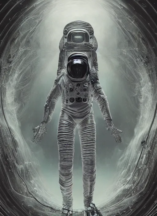 Image similar to astronaut in dark void underwater - complex and hyperdetailed technical suit design. reflection and dispersion materials. rays and dispersion of light. volumetric light. f / 3 2. noise film photo. flash photography. ultra realistic, 5 0 mm. poster by wayne barlowe, hajime sorayama aaron horkey, craig mullins