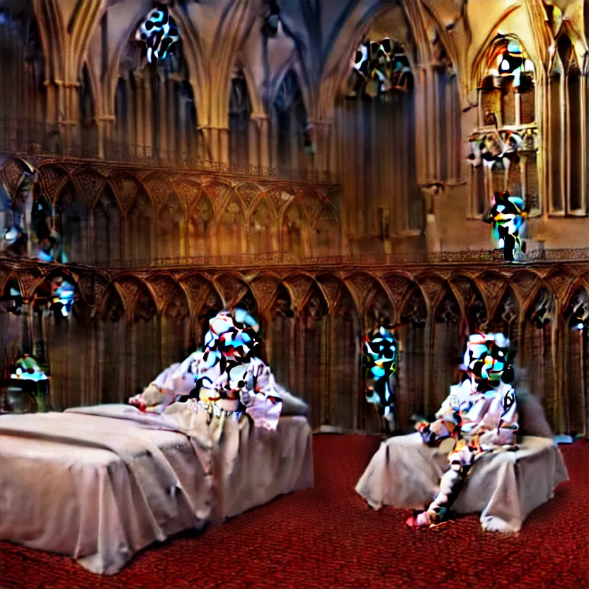 Image similar to a portrait of child sitting in a bed, screaming. the bed is inside a gothic cathedral. under the bed is a hideous laughing demon dressed as a catholic priest. religious symbols, digital art, hyperrealistic, nightmare, terrifying, supernatural, highly detailed, creepy