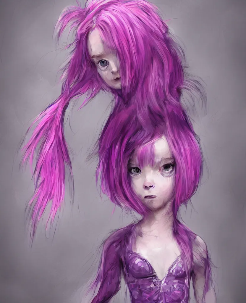 Image similar to little girl with eccentric pink hair wearing a dress made of purple fur, anatomically perfect, concept art, smooth