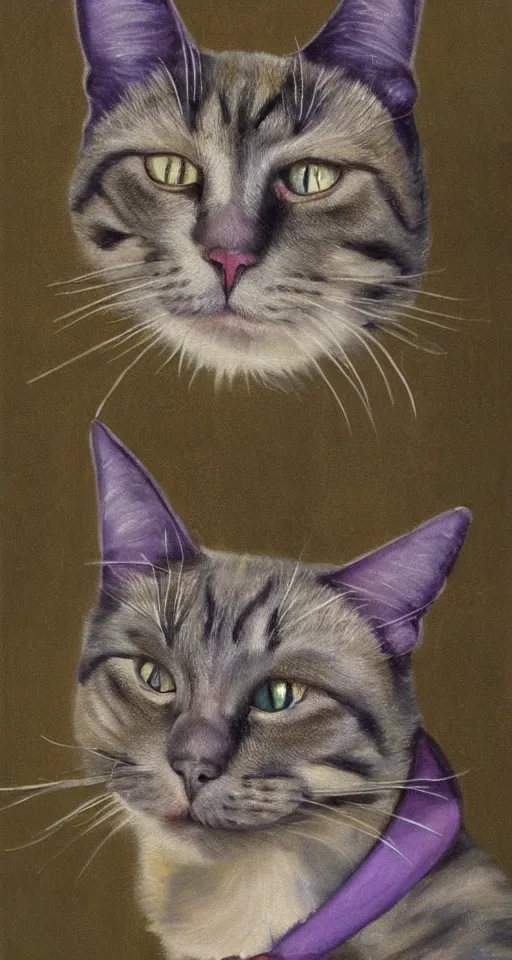 Prompt: bosch painting of a cat with purple eyes
