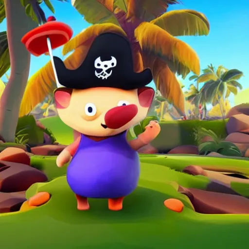 Image similar to hedgehog playing golf in sea of thieves, hedgehog wearing a pirate hat, cute, colourful, happy, adorable