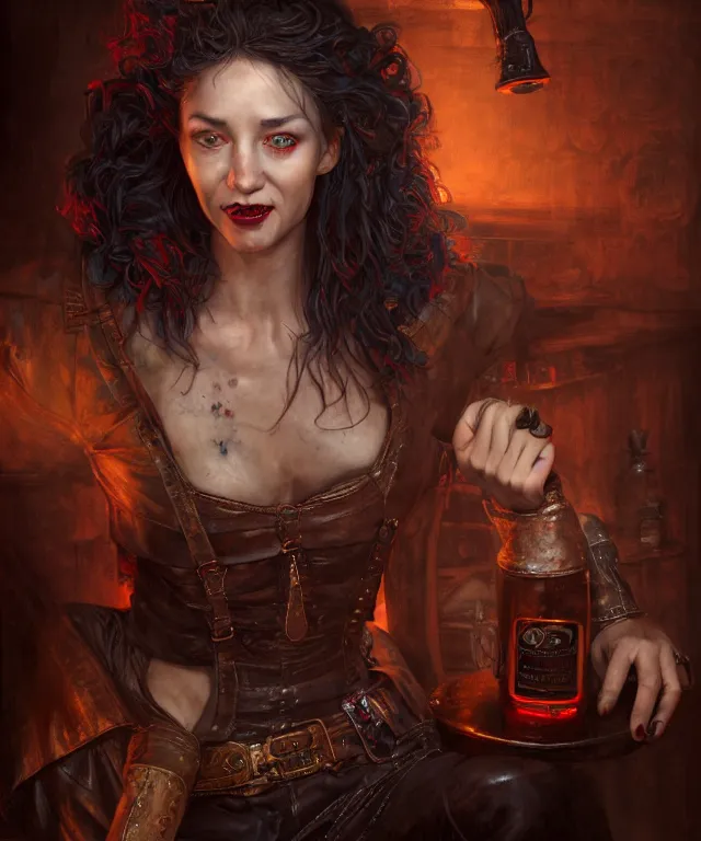 Image similar to hyperrealistic mixed media painting of a beautiful grinning charasmatic female rogue, dimly lit cozy tavern, crimson leather tunic, confident relaxed pose, d&d, stunning 3d render inspired art by Tim Okamura and Lise Deharme + perfect facial symmetry + dim volumetric lighting, 8k octane beautifully detailed render, post-processing, extremely hyperdetailed, intricate, epic composition, grim yet sparkling atmosphere, cinematic lighting + masterpiece, trending on artstation, very very detailed, masterpiece, stunning