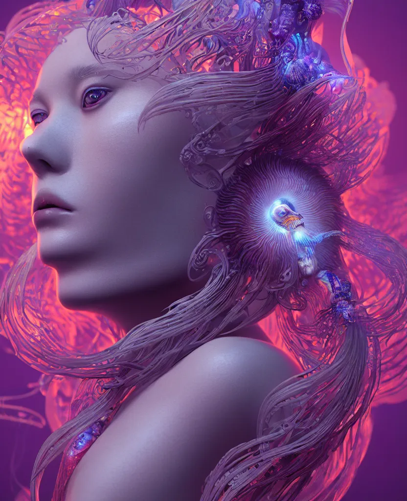 Image similar to goddess close-up portrait. orchid jellyfish phoenix head, nautilus, skull, betta fish, bioluminiscent creatures, intricate artwork by Tooth Wu and wlop and beeple. octane render, trending on artstation, greg rutkowski very coherent symmetrical artwork. cinematic, hyper realism, high detail, octane render, 8k