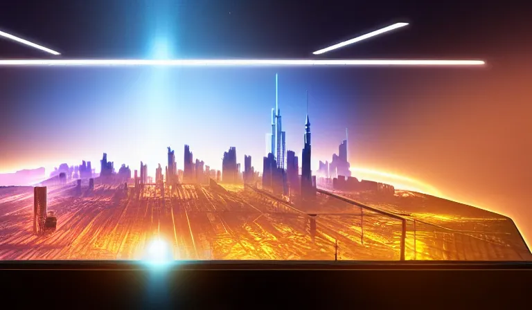 Image similar to crowd of people in walled warehouse, looking at hologram of futuristic city on a table, cinematic concept art, godrays, golden hour, natural sunlight, 4 k, clear details, tabletop model buildings, center model buildings, hologram center, crane shot, crane shot, crane shot