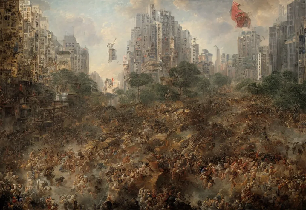 Image similar to 2 0 2 1 hong kong riot by jean honore fragonard. city buildings in the background.