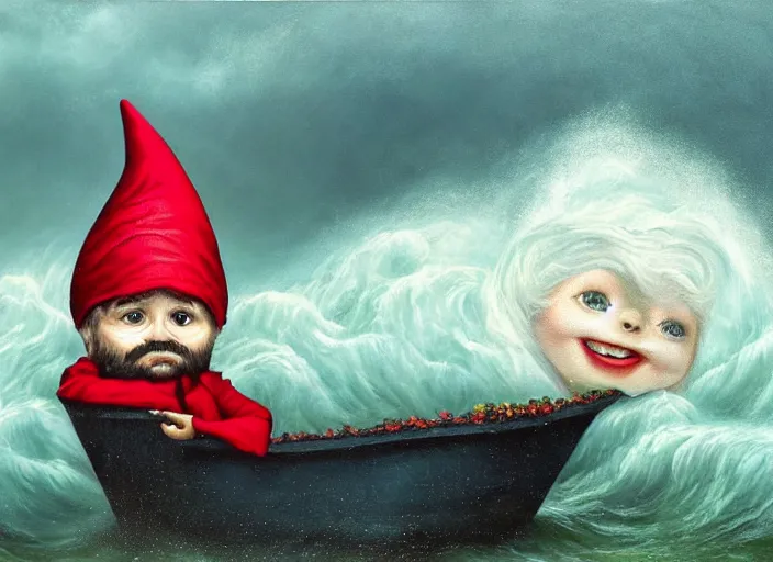 Image similar to a terrified garden gnome sailing in a bucket, background of raging ocean on a stormy day with dramatic clouds, an ultrafine detailed painting by mark ryden, trending on deviantart, pop surrealism, whimsical, lowbrow, rainy, perfect symmetrical face