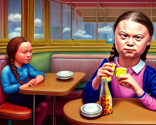 Image similar to closeup profile portrait of a greta thunberg drinking soda in a 1 9 5 0 s diner, nicoletta ceccoli, mark ryden, lostfish, max fleischer, hyper realistic, artstation, illustration, digital paint, matte paint, vivid colors, bright, cheerful, detailed and intricate environment