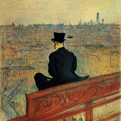 Prompt: A beautiful digital art of a man with a beard and a top hat, looking over a cityscape. by Henri de Toulouse-Lautrec