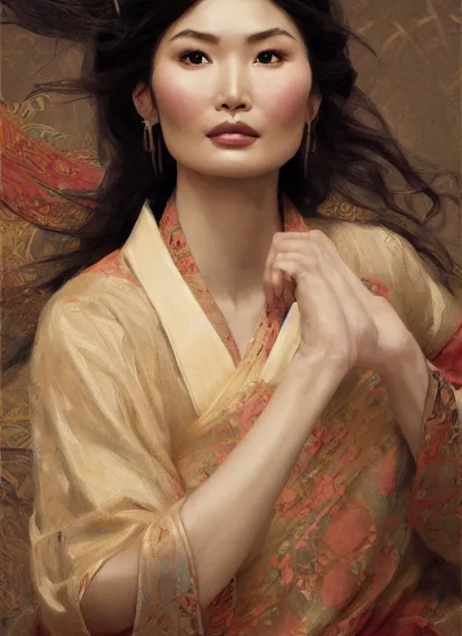 Image similar to detailed portrait of gemma chan wearing hanfu, natural light, painting by gaston bussiere, craig mullins, j. c. leyendecker