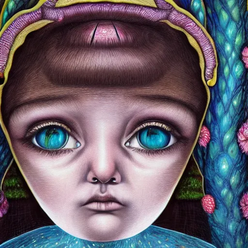 Image similar to hyper detailed portrait painting of a girl with big eyes in the style of artist mark ryden, symmetrical composition, in a landscape