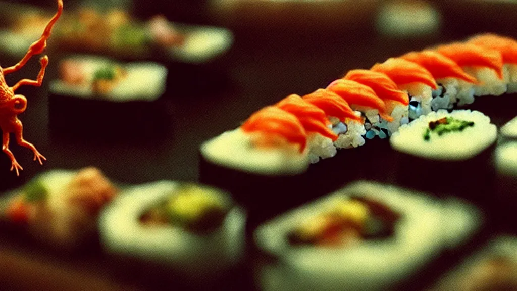 Prompt: a tiny strange creature barely appears on a piece of sushi, film still from the movie directed by Denis Villeneuve with art direction by Zdzisław Beksiński, wide lens