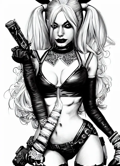 Image similar to concpet art, full shot, traditional ink, sketch, of harley quinn, line sketch, intricate, elegant, highly detailed, monochrome, digital painting, artstation, concept art, sharp focus, illustration, art by borderlands 3 and peter polach