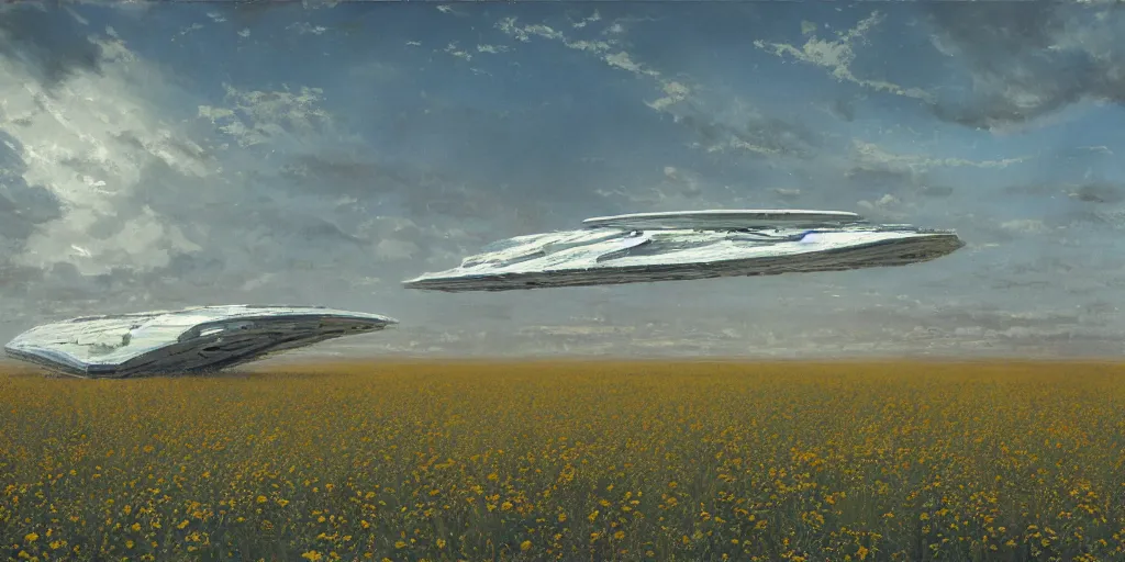 Image similar to Fernand Khnopff super technologies white giant spaceship starship battlestar airship superstructure deck, landed laying in center on tansy wormwood field, mountains afar by Fernand Khnopff by john berkey, oil painting, concept art, interstellar movie