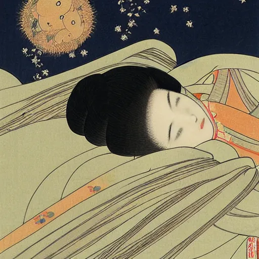 Prompt: by uemura shoen medieval, biopunk relaxed, exciting. painting. a beautiful illustration of a young girl with long flowing hair, looking up at the stars. she appears to be dreaming or lost in thought.