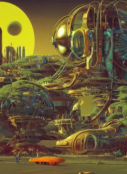 Prompt: photorealistic image of a retro futurism, solarpunk, biopunk, cyberpunk, steampunk, naturecore, by roger dean, by dean ellis