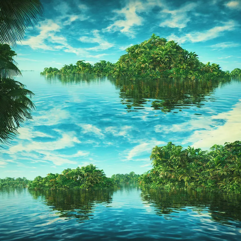 Image similar to island on a beautiful serene lake, ripples, tropical foliage intricate details, reflections, ripples, album cover, glowing sky, hyperdetailed illustration, octane render, low light