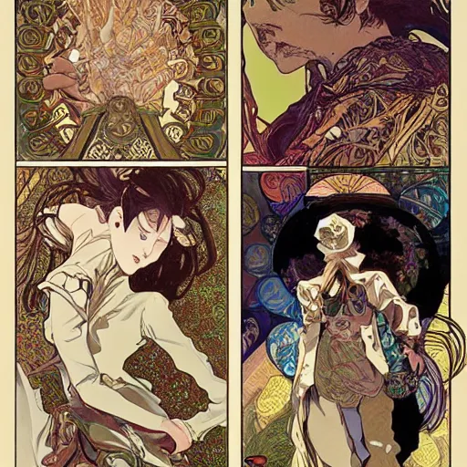 Image similar to alphonse mucha yoji shinkawa moebius jean girard shintaro kago junji ito esoteric hypnogogic ethereal ethereality dreamy combat mech dieselpunk incredible intricate machinery illusionary art and trash polka