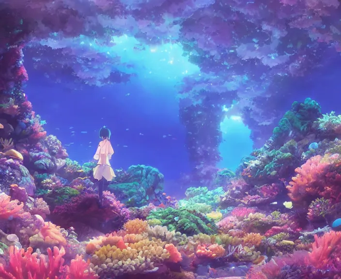 Image similar to An underground coral reef with bioluminescent algea, peaceful and serene, incredible perspective, soft lighting, anime scenery by Makoto Shinkai and studio ghibli, very detailed