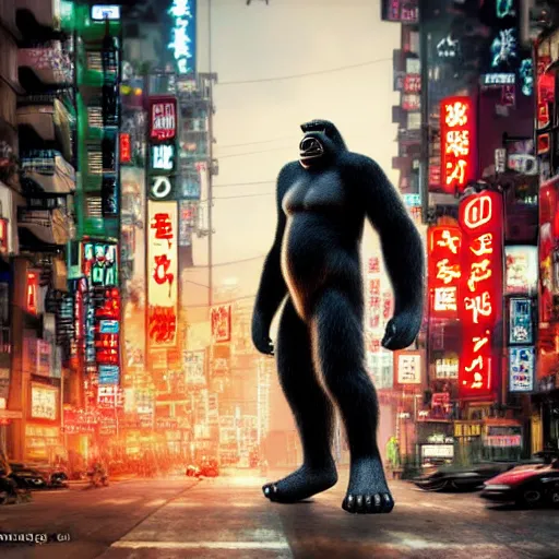 Prompt: king Kong in a cyberpunk japanese city,well detailed, Photo realistic, high definition, 8k