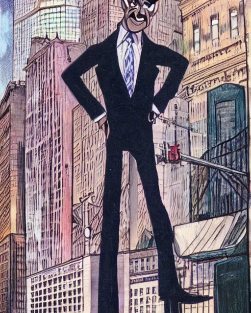 Image similar to sinister smug male antagonist in suit, uptown'wall street'city street, artwork by ralph bakshi