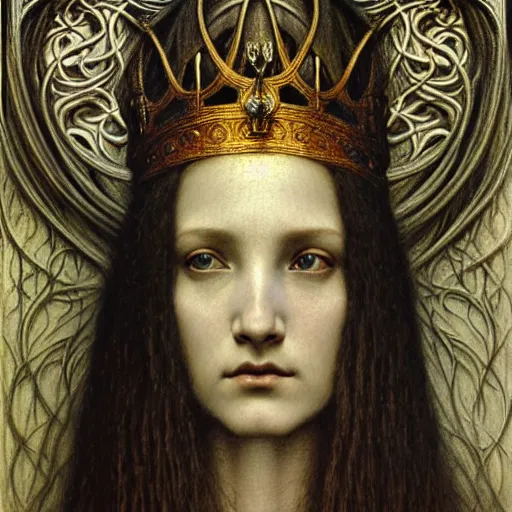 Prompt: detailed realistic beautiful young medieval queen face portrait by jean delville, gustave dore, zdzisław beksinski and marco mazzoni, art nouveau, symbolist, visionary, gothic, pre - raphaelite, memento mori, horizontal symmetry