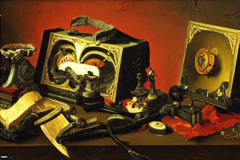 Image similar to a vanitas painting depicting an NVIDIA RTX A100 GPU, graphics card