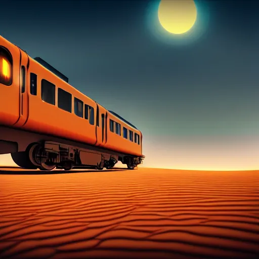 Image similar to futuristic train in a desert, painting, octane render, 4 k, anime sky, warm colors