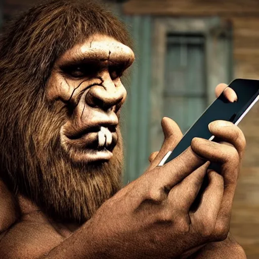 Prompt: neanderthal with a smartphone, realistic, history, old, rustic