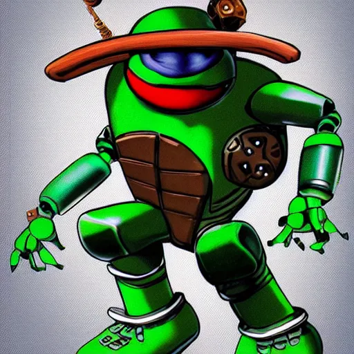 Prompt: robotic steampunk teenage mutant ninja turtle