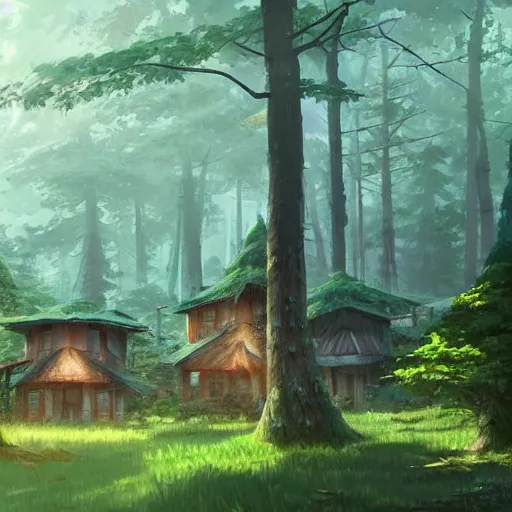 Image similar to concept art painting of houses made out of trees, in a deep forest, realistic, detailed, cel shaded, in the style of makoto shinkai and greg rutkowski and james gurney