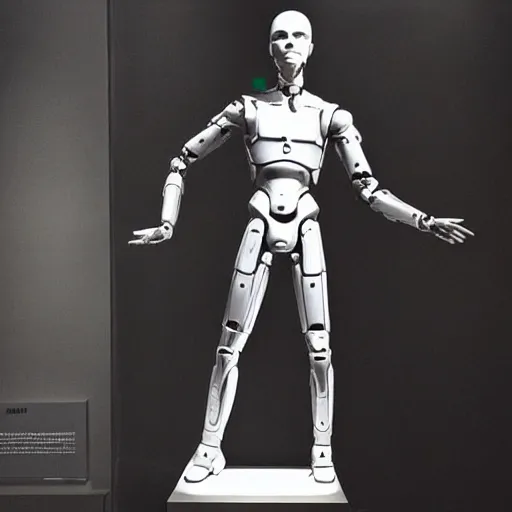 Image similar to “a realistic detailed photo of a guy who is an attractive humanoid who is half robot and half humanoid, who is a male android, actor Grant Gustin, shiny skin, posing like a statue, blank stare, at the museum, on display”