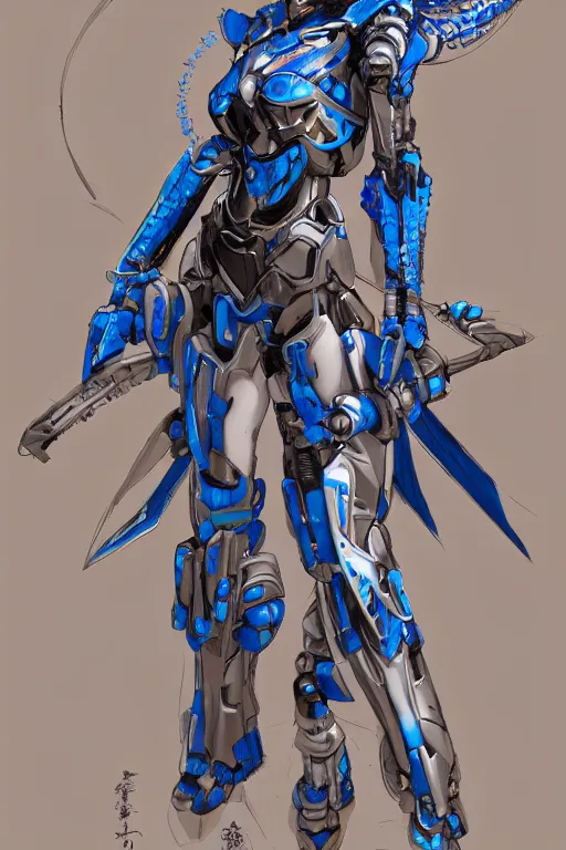 Image similar to full body portrait of a beautiful and gorgeous female azure mech warrior by Masamune Shirow, centered, manga, single face, trending on artstation, WLOP, detailed, intricate, elegant, golden ratio, rule of thirds, good composition, sfw version