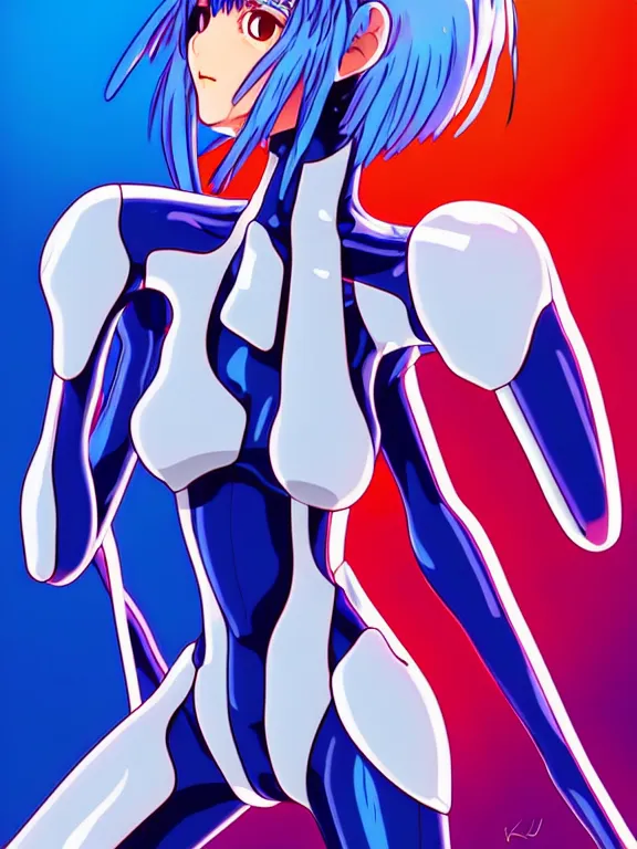 Image similar to a fullbody portrait of rei ayanami on a motorcycle, evangelion neon genesis : : blue hair, wearing a plug suit, skintight, standing on top of an eva : : by ilya kuvshinov, rossdraws, artgerm, sola digital arts, anti aliasing, raytracing : :