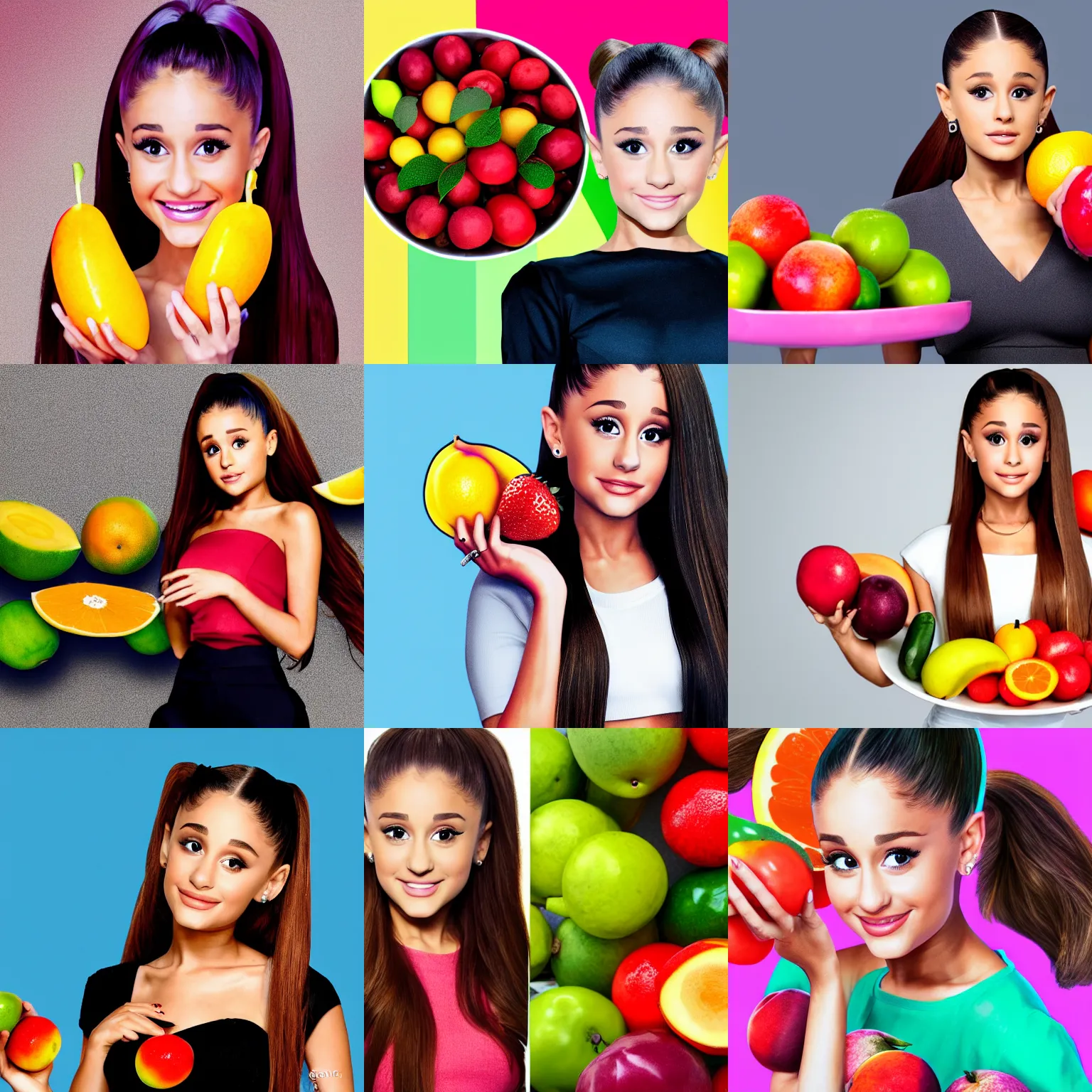 Prompt: Ariana Grande holding various colored fruits.CG,8k,HD,caricature