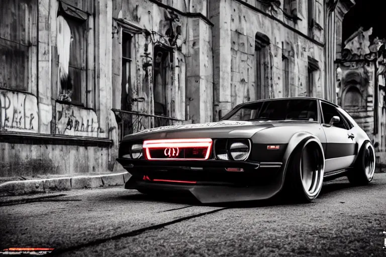 Prompt: widebody audi camaro b 1 ( 1 9 6 9 ), need for speed : carbon, at night, mild sci - fi, neon lines, lviv historic centre, phonk music background, smoke behind wheels, noise, dark, establishing shot, by simon stalenhag