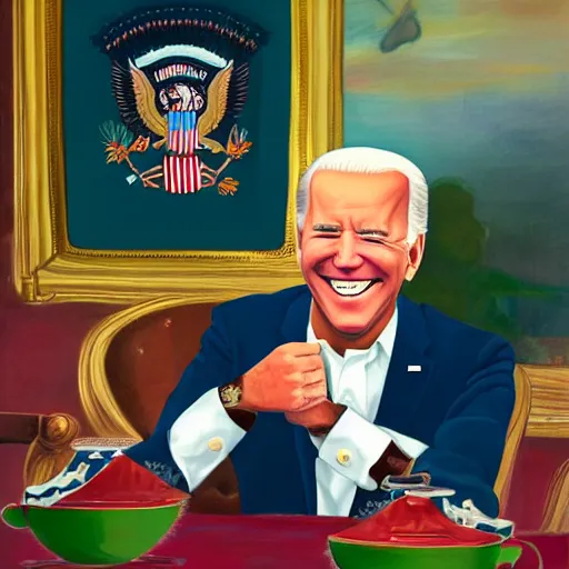 Image similar to a painting of joe biden laugh in tea party with taliban, ultra detailed content : face, gesture, body, mimic. random position content, frontal realistic, sharp focus, intricate, dynamic composition, rgb colors, remove duplicate contents.