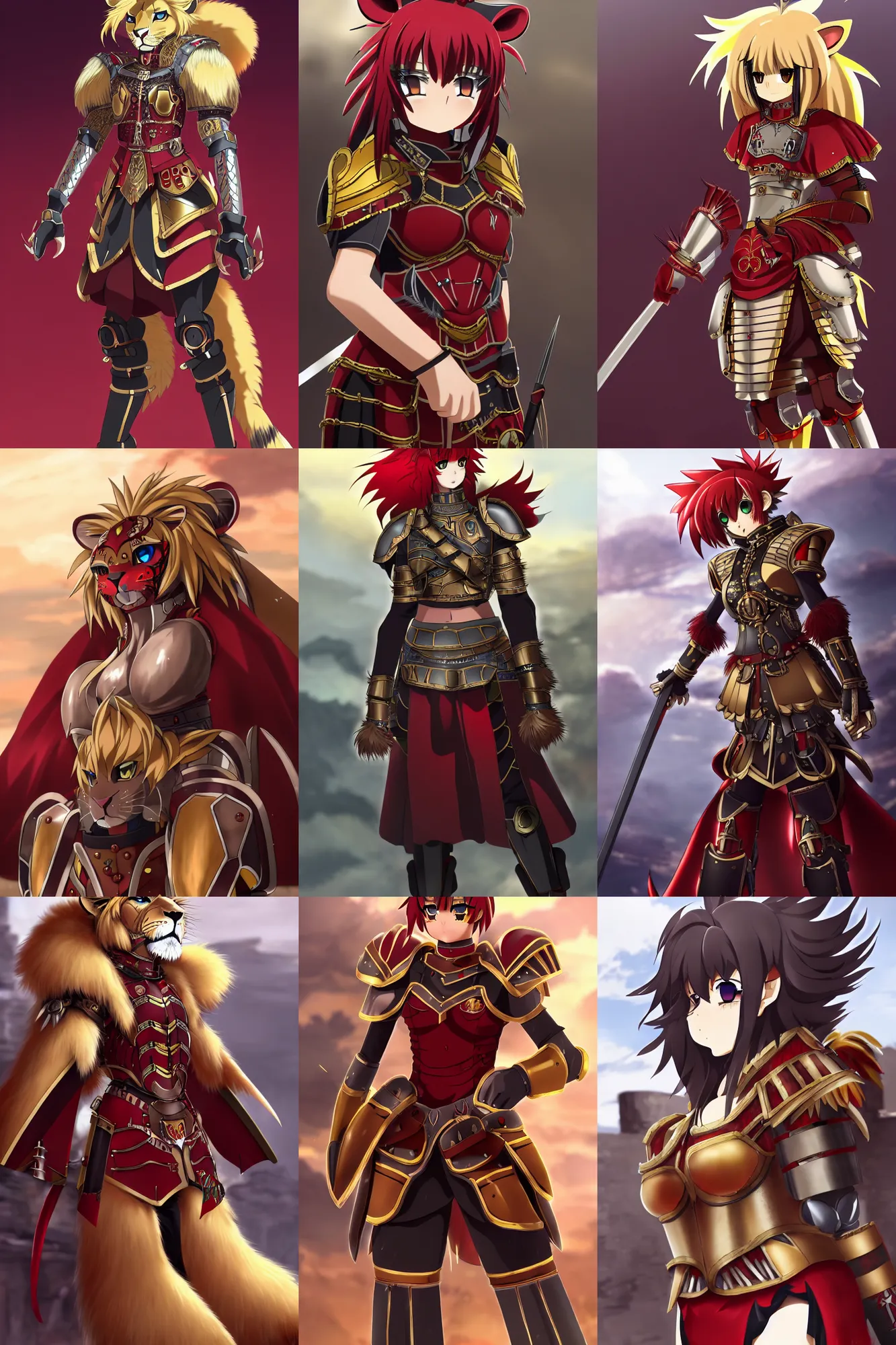 Prompt: scarred experienced lion army general with red and gold roman armor and armor skirt, fursona, anthro, anime key visual, detailed armor, detailed fur, makoto shinkai, portrait