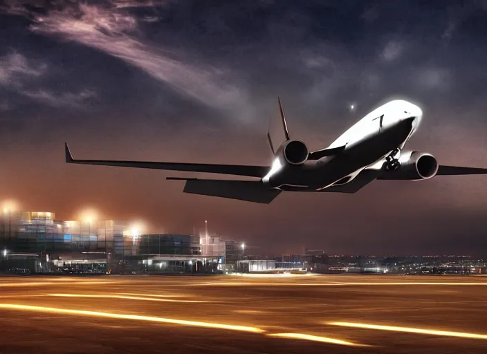 Image similar to immense futuristic jet plane arrives at runway of cyberpunk airport at night ,cinematic lighting