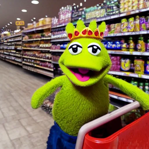 Image similar to muppet pig wearing a gold crown shopping at a grocery store 8k