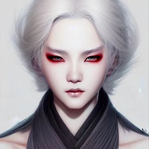 Image similar to Wuxia Blood Cultivator, white hair, gorgeous, amazing, elegant, intricate, highly detailed, digital painting, artstation, concept art, sharp focus, illustration, art by Ross tran and kuvshinov, photography portrait by Paolo Roversi