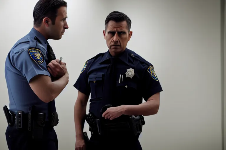 Image similar to vfx film closeup, police detective couple arguing in police precinct, over the shoulder shot, flat color profile low - key lighting award winning photography arri alexa cinematography, hyper real photorealistic cinematic beautiful natural skin, famous face, atmospheric cool colorgrade