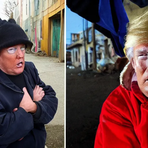 Image similar to donald trump dressed as a homeless man living in the slums