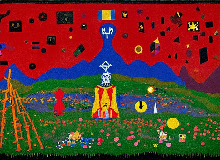 Image similar to pixel decollage painting tarot lovers card composition tower of babel road red armor maggot bear and wonky vampire clown knight on a skeleton horse in a dark red cloudy night sky with golden foil jewish stars and diamonds, mountain lake and blossoming field in background, painted by Mark Rothko, Helen Frankenthaler, Danny Fox and Hilma af Klint, pixelated, neo expressionism, semi naive, pastel colors, cinematic, color field painting, cave painting, voxel, pop art look, outsider art, minimalistic. Bill Traylor painting, part by Philip Guston, Amano and Francis Bacon. art by Adrian Ghenie and Storm Thorgerson, very coherent symmetrical artwork, cinematic, hyper realism, high detail, octane render, unreal engine, Smooth gradients, depth of field, full body character drawing, extremely detailed, 8k, extreme detail, intricate detail, masterpiece