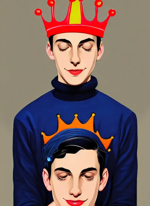 Image similar to portrait of teenage jughead jones wearing a light grey crown, crown, blue turtleneck, 1 9 5 0 s, closed eyes, photorealistic, black hair, glowing lighting, intricate, elegant, glowing lights, highly detailed, digital painting, artstation, concept art, smooth, sharp focus, illustration, art by wlop, mars ravelo and greg rutkowski