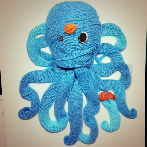 Image similar to a yarn octopus swimming in a yarn ocean under a yarn full moon