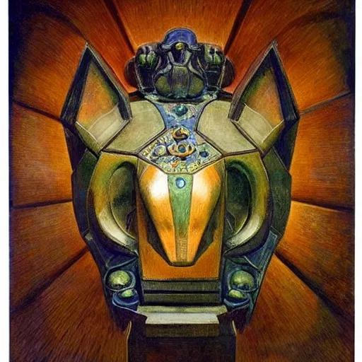 Image similar to masterpiece sculpture of an ornate bejeweled robot cat head, by annie swynnerton and diego rivera and nicholas roerich and jean delville, symbolist, dramatic lighting, god rays, elaborate geometric ornament, art brut, rich colors, smooth, sharp focus, extremely detailed, adolf wolfli and ( donato giancola )