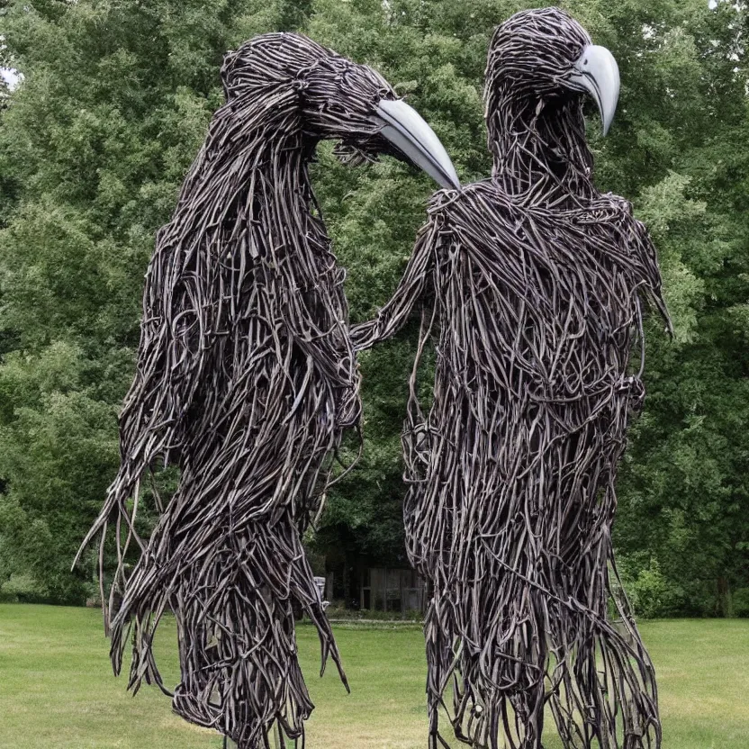 Image similar to imposing scary intricate raven outdoor sculpture made of oily cords