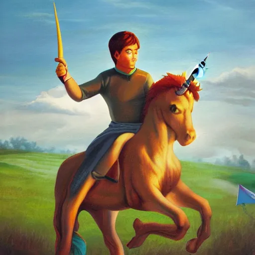 Image similar to wesley crusher riding a unicorn into battle oil painting