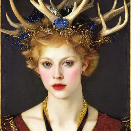 Image similar to a detailed portrait of a blonde haired blue eyed queen of glitter with an antler crown by edgar maxence and caravaggio and michael whelan and delacroix