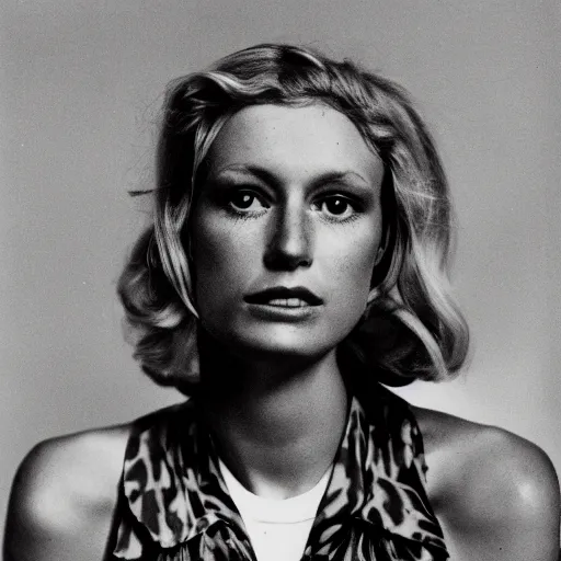 Image similar to photograph by richard avedon of olive skinned blonde female in her thirties wearing designer clothes